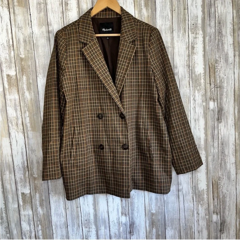 Madewell Caldwell Blazer Mandell Plaid Double Breasted Brown Tan Size L - Picture 2 of 7